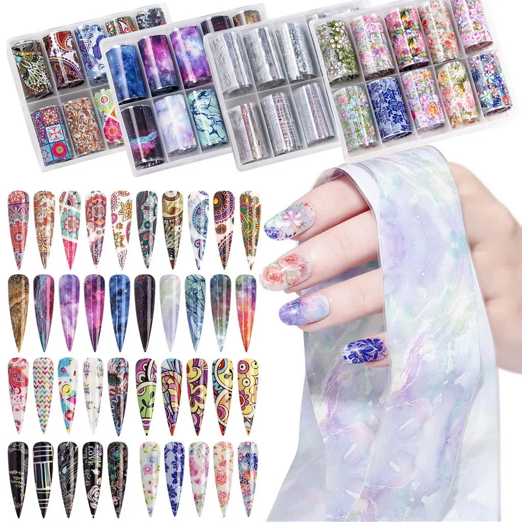 

10 Rolls/Box Nail Foils Starry Sky Nail Art Transfer Mixed Pattern Stickers Holographic Flower Nail Foils Starry Paper