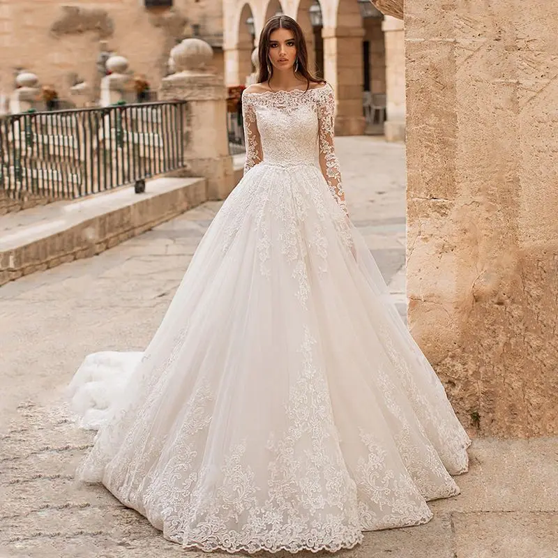 

Elegant Boat Neck Lace Wedding Dress Princess Illusion Long Sleeve Bride Dress Vintage A-Line Wedding Gown Vestido De Noiva