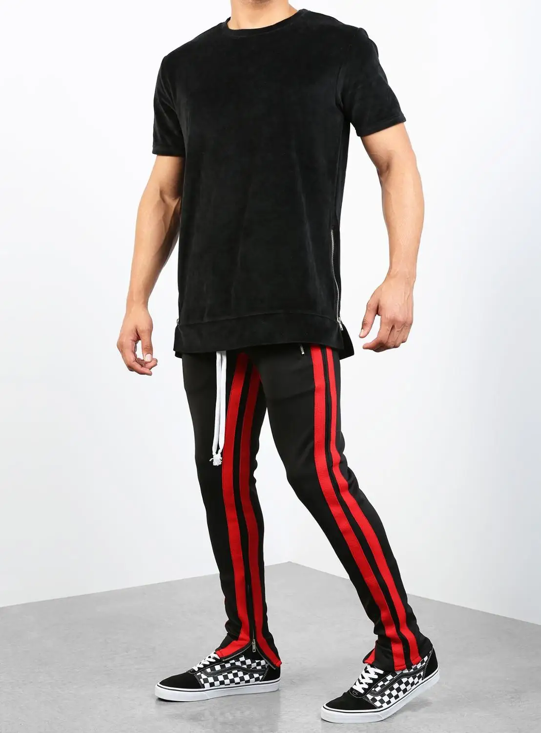 Для мужчин s; модная обувь для отдыха; полосатые штаны Для мужчин Уличная одежда в стиле «хип-хоп», штаны узкие брюки Чинос Slim Fit Повседневное штаны Harajuku Fashion - Цвет: black red