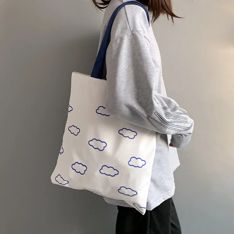 

Simple Women Canvas Shoulder Bag Cloud Print Eco Reusable Ladies Shopping Tote Bag Large Capacity Girls Student Portable Handbag