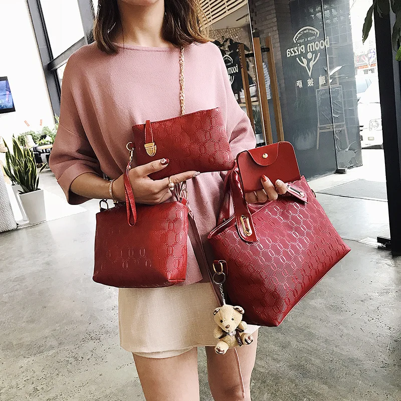

Hot Sales 2018 New Style Bag Korean-style Fashion Large Capacity Four-piece Set Different Size Bags Send Bear Pendant
