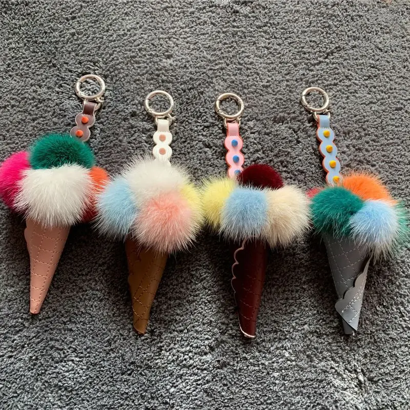 

Real Mink Fur Monster Ice Cream Bag Bugs Charm Keyring Charm Car Phone Key Ring Pendant Pom Pom Keychain Fur Keychain