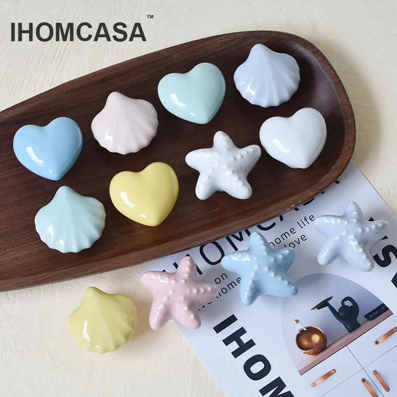 

IHOMCASA Ceramic Knob heart sea star shell Children Room Furniture Hardware Cabinet Knobs wardrobe bookcase Drawer Pull handle