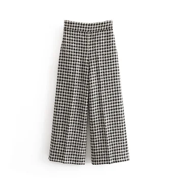 

VomVoa 2019 New Women Elegant Tweed Plaid Wide Leg Pants Loose Houndstooth Elastic Belt Pockets Office Wear Pants