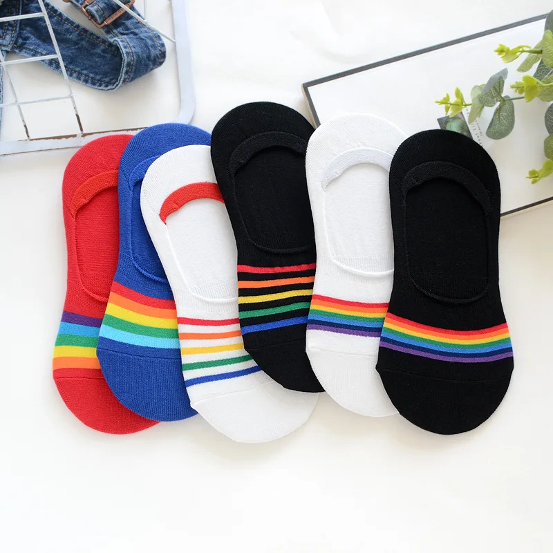 Корейские модные носки в радужную полоску, невидимые креативные очаровательные модные вечерние, мягкие, удобные, женские, летние, черные, красные, хлопковые, простые