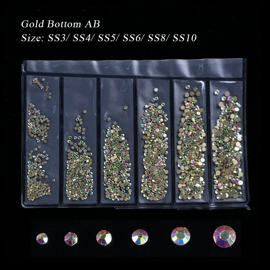 AB Gold Base 1440 шт белые стразы для дизайна ногтей с плоской задней стороной, красные, серебристые, золотые базовые кристаллы для ногтей, SS3-10 стразы, украшения для маникюра BE1049 - Цвет: AB Gold Base