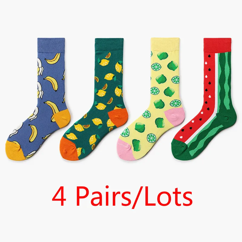 4 пар/лот, носки для мужчин и женщин, Осень-зима, лимон, арбуз, женские носки, пара носков, хлопок, фрукты, длинный рукав, Цветочные Носки