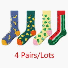 4 пар/лот, носки для мужчин и женщин, Осень-зима, лимон, арбуз, женские носки, пара носков, хлопок, фрукты, длинный рукав, Цветочные Носки