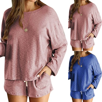 

Autumn Long Sleeves Women Pajamas Set O-Neck Short Elastic Waist Pants Two Piece Set Sleepwear Solid Pink And Blue