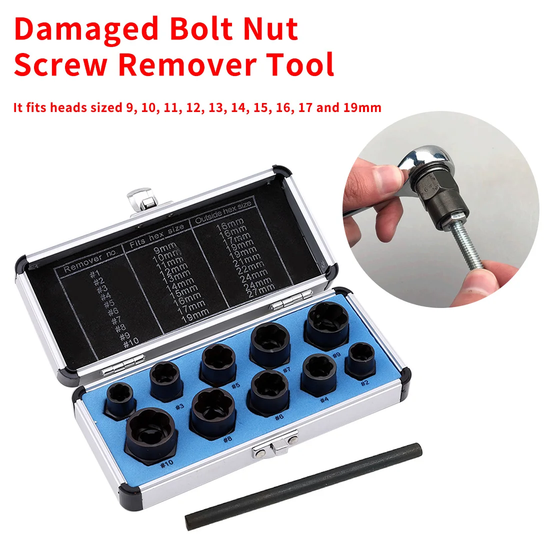 

Damaged Bolt Nut Screw Remover Extractor Removal Set 10pcs 9-19mm Nut Removal Socket Tool Threading Hand Tools Kit With Box