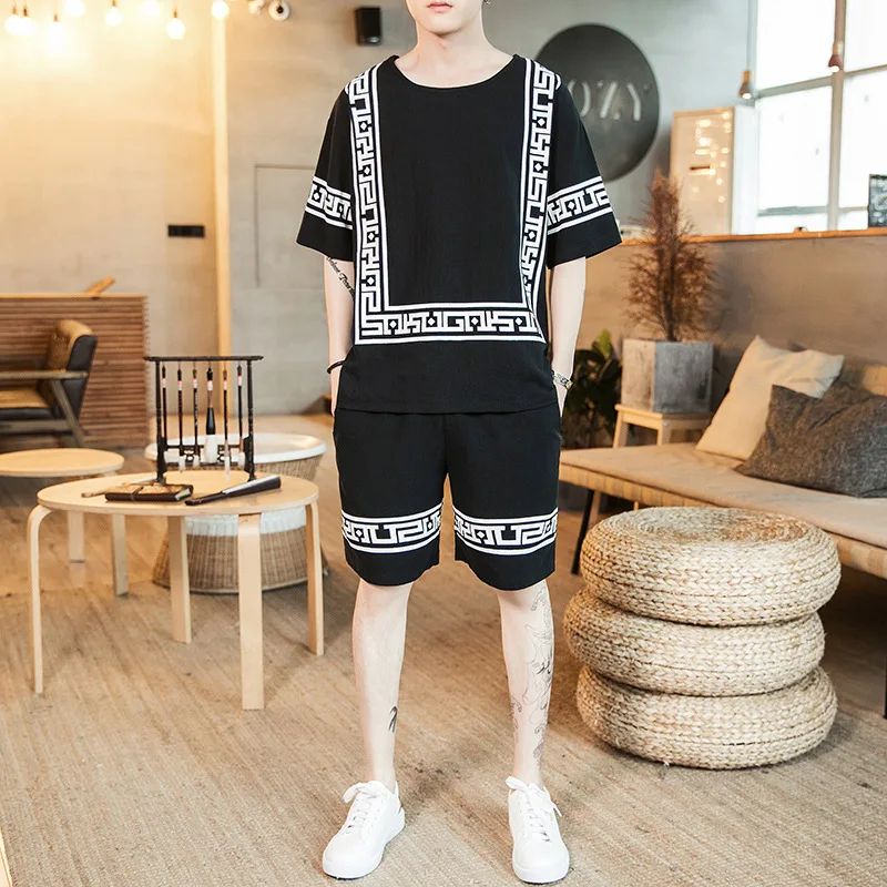 

2019 Summer Short Sleeve Shorts Set Geometric Pattern Printed Thin Loose-Fit Crew Neck Youth Cotton Linen Set
