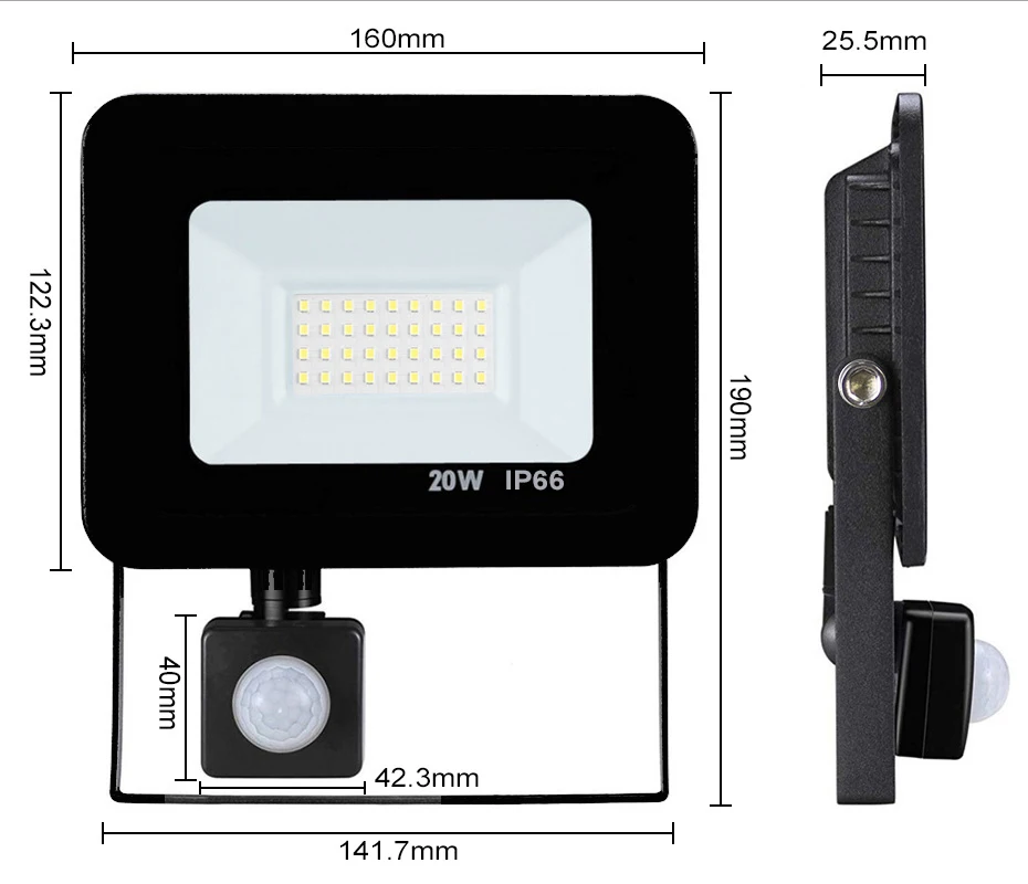 Прожектор датчика движения 100 Вт 50 Вт 30 Вт 20 Вт 10 Вт Светодиодный прожектор 220 в IP66 точечный открытый сад гараж светодиодный настенный светильник