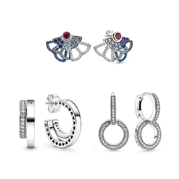 

100% 925 Sterling Silver Original Romantic Crystal Pave Double Circle Blue Fan Stud Earrings Women Party Wedding Gift Jewelry