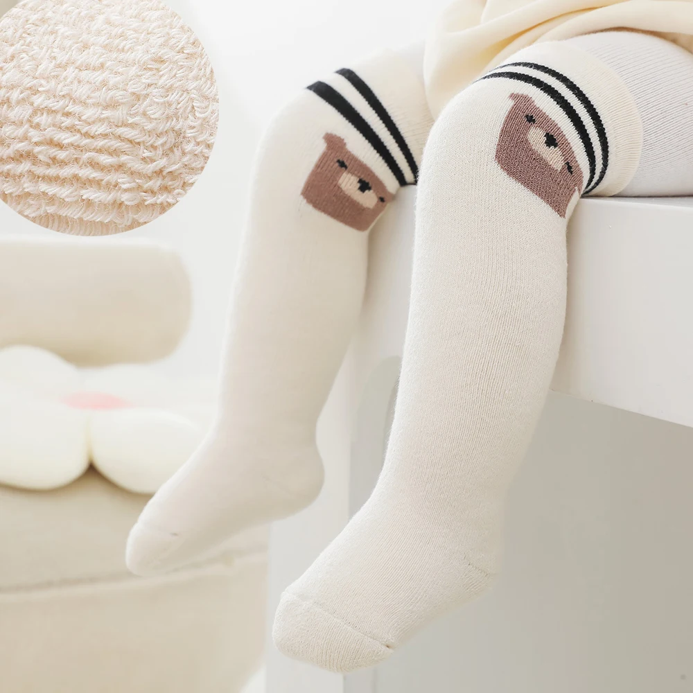 

Зимние гольфы с принтом для новорожденных девочек и мальчиков, Детские хлопковые милые забавные теплые махровые длинные носки с бантом для малышей