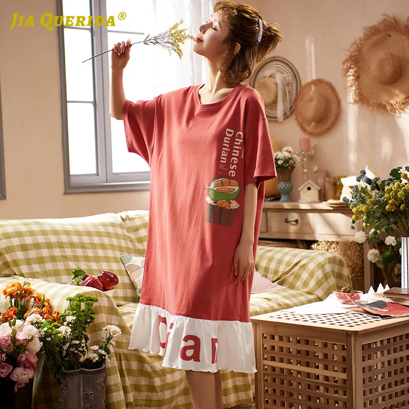 Sleepwear Women Girl Durian Printing New Red Kawaii Nightshirts Preppy Style Casual Style Nightgown Night Dress Women Nightwear