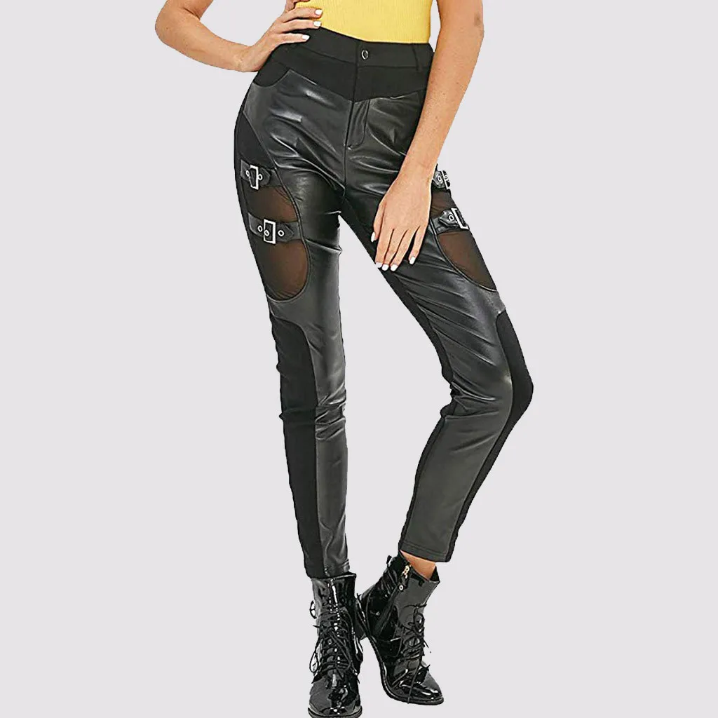 

Women Leather Leggings Fashion Fishnet Trim Lace Up Leather Pants Thin Gothic Punk Leggings Ppush Up Leginsy Bezszwowe Leggins