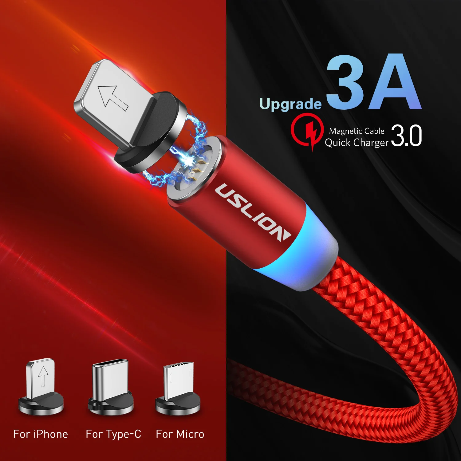 USLION 3A кабель для быстрой зарядки Магнитный USB кабель для iPhone 11 Micro USB кабель для быстрой зарядки Магнитный кабель для передачи данных типа C для Xiaomi