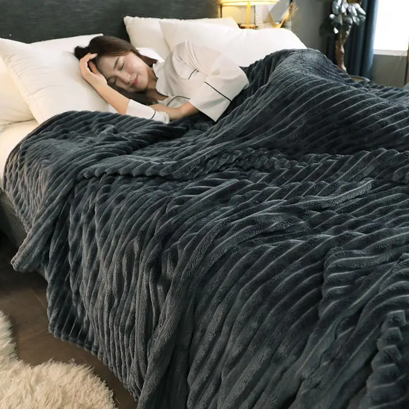 Soft Adult Bed Cover Winter Warm Stitch Fluffy Solid Striped Throw Blanket Flannel Fleece Linen Bedspread for Sofa Bedroom | Дом и сад