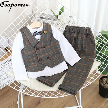 

Autumn Kids Clothes Little Girls Bow Tie Blouse&plaid Vest&pants Toddler Boy Clothing Set Children School Fashion Outfits