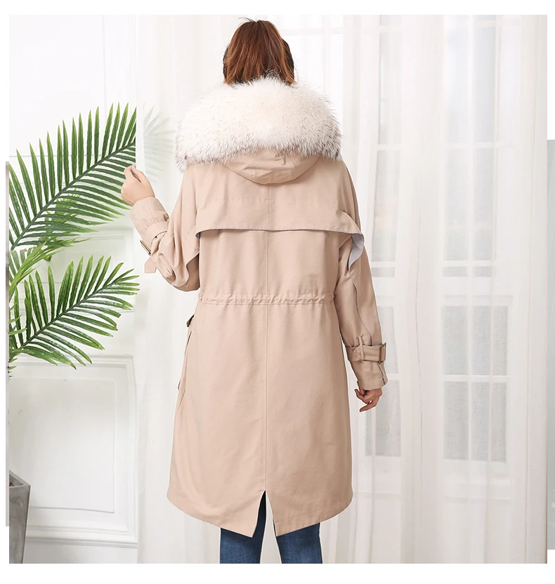 Fur Parkas Safari Style Plus Size Real Fox Fur Drawstring Waist Hooded Rabbit Fur Lining Long Coat Women Winter Color Block Coat