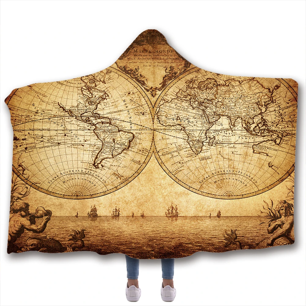 

World Map Print Hooded Blanket Fleece Blankets And Throws Blankets For Beds Double Layered Velvet Wearable Soft Blanket
