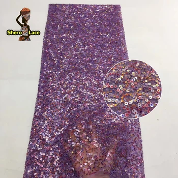 

African French Tulle Lace With Sequins Purple Color Embroidery Nigeria Sequins Lace Fabrics For Wedding Dress