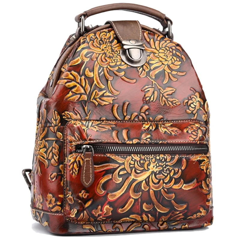 AUAU-женский рюкзак из натуральной кожи, рельефная кисточка, цветной цветочный узор, дорожная сумка, ретро рюкзак