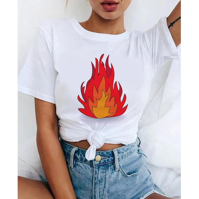 

2020 Summer Women T-shirt flame Printed Tshirts Casual Tops Tee Harajuku 90s Vintage White tshirt Female Clothing