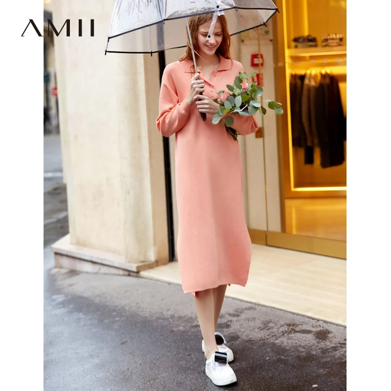 

Amii Minimalist Polo Collar Dress Spring Women Solid Loose Single-breasted Female Mid Long Dresses 11970117
