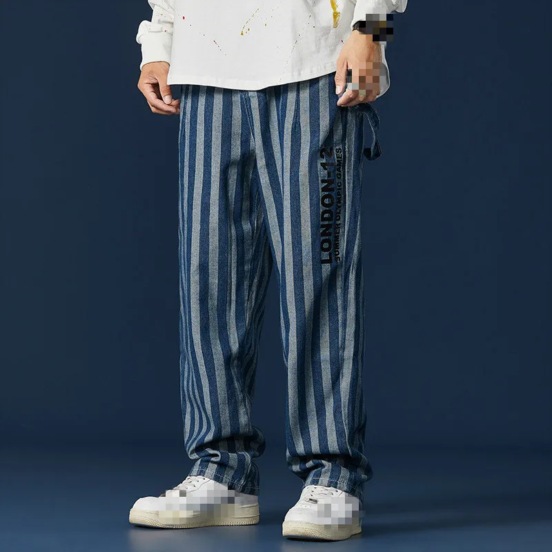 Pantalones vaqueros azul de marca para hombre, pantalón vaquero holgado de talla grande 5XL, recto, informal, a rayas, Vaquero elástico, ajustado
