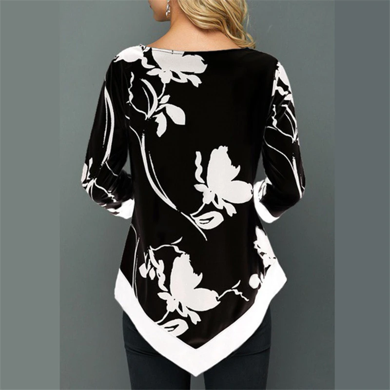  2020 New Women Plus Size Shirt Spring Autumn Printing O-neck Blouse 3/4 Sleeve Casual Hem Irregular