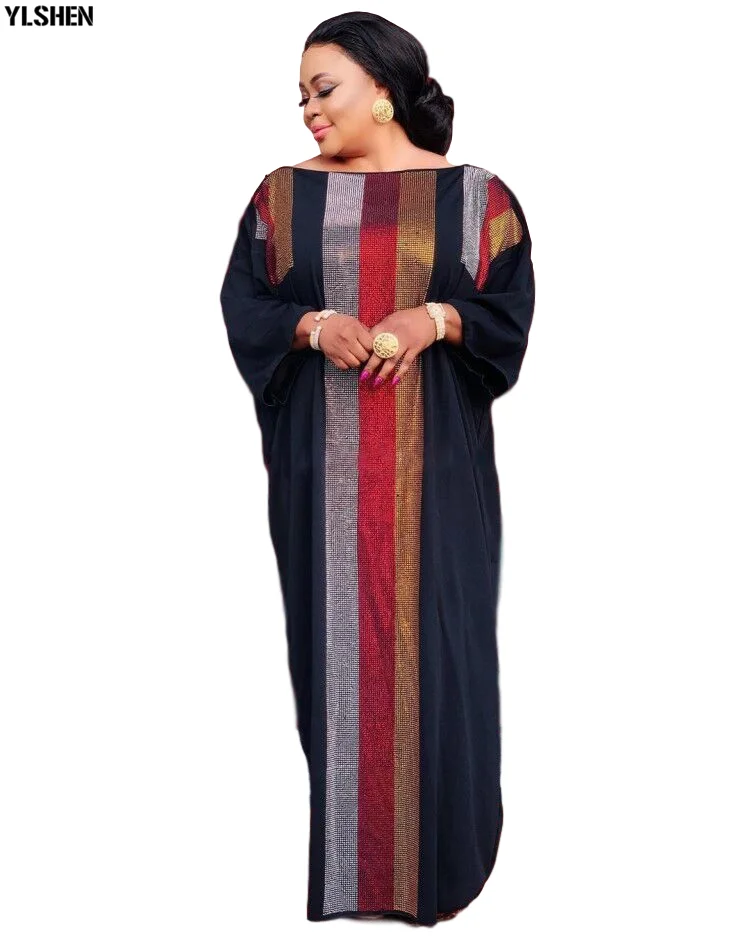 African Dresses for Women 2020 Dashiki Silk Diamonds Stripe Robe Boubou Africaine Femme Africa Maxi Dress African Clothes Ladies 04
