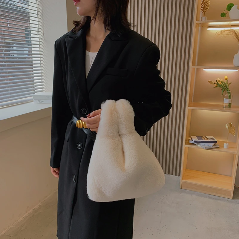 Furry Bags Solid Plush Tote Bag Soft Fluffy Bags New Winter Bags For Women 2021 Luxury Handbags Comfortable Faux Fur Bag Elegant