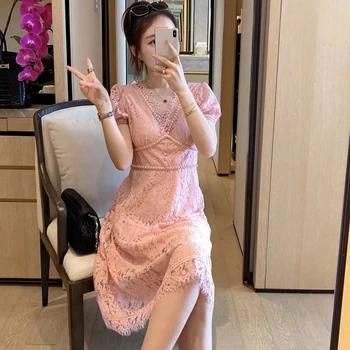 

Gedivoen Modern Elegant Summer Dress Women V Neck Lace Hollow Out Solid A Line Dress Fashion Runway High Street Female Dresses