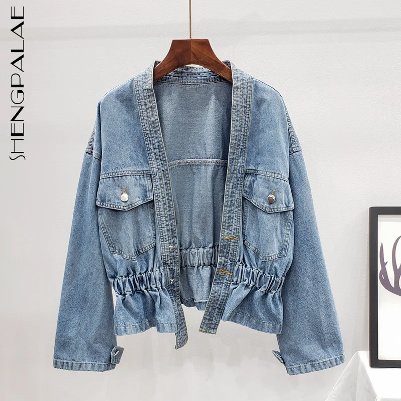 SHENGPALAE streetwear double button denim jacket women's spring autumn 2021 new V-neck loose single breasted long sleeve coat | Женская