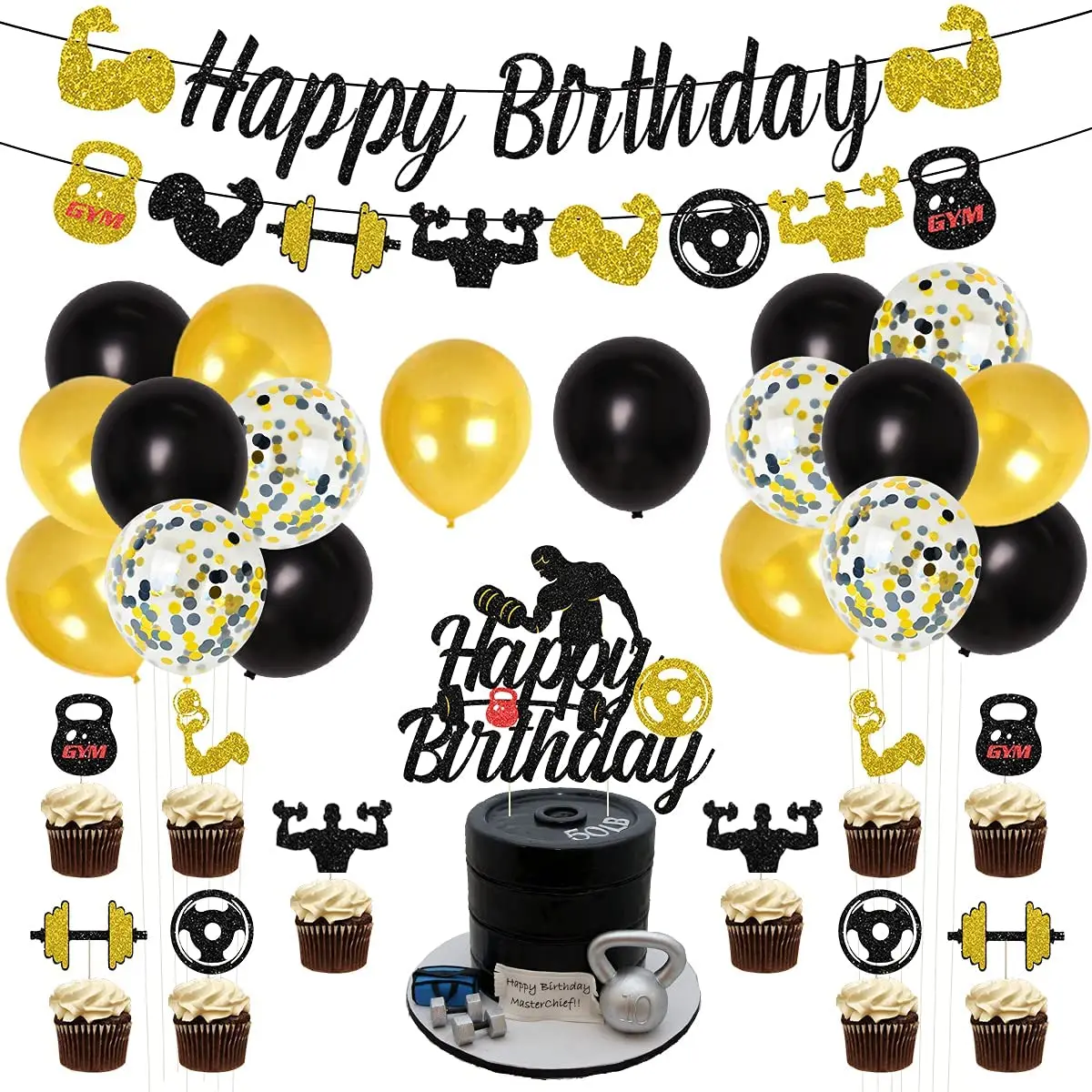 Gym Birthday Party Decorations Black and Gold Fitness Themed Party