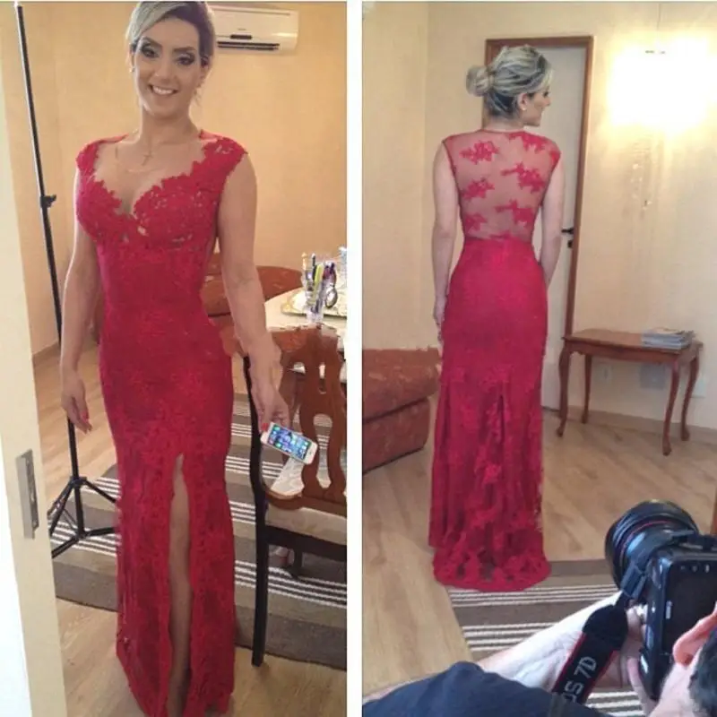Красный Красные кружевные платья для матери невесты vestido de madrinha Русалка свадебное платье в деловом стиле для вечеринки женские иллюзионные вечерние платья - Цвет: Красный