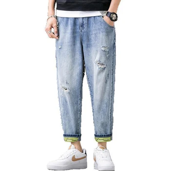 

Men blue ripped jeans 2020 men spring and summer new loose large size straight pants beggar pants men