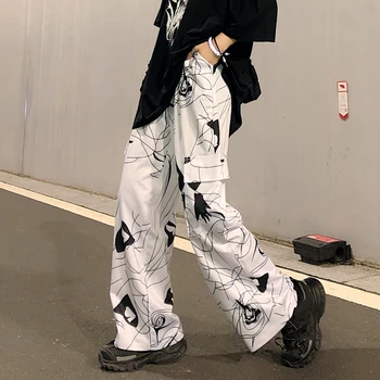 

Harajuku Style Straight Pants Women Hip-hop Dark Black Graffiti Print Loose Casual Large Pocket Korean Pants Unisex Trousers