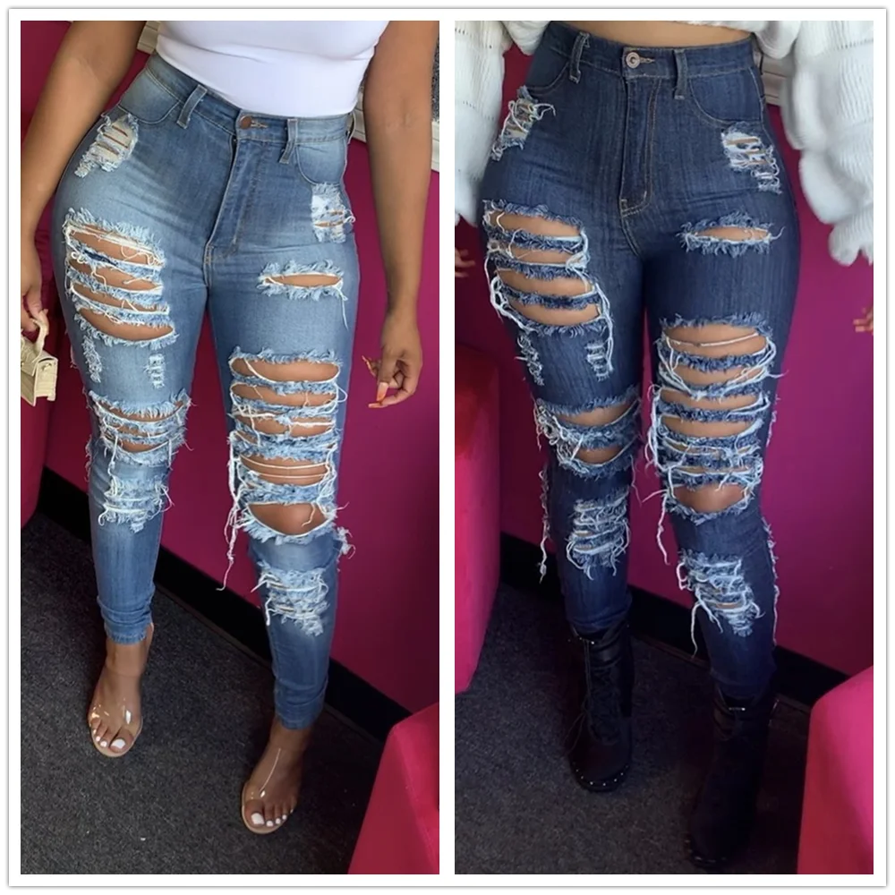 Hot sale High waist Ripped jeans for women Fashion slim stretch denim pencil pants Street