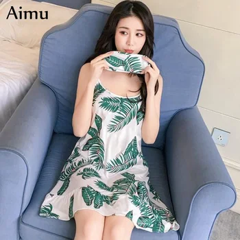 

Women Nightgown Summer Sexy Women Cartoon Night Dress Sleeveless Girl printing Sleepwear with Chest Pad sleepdress