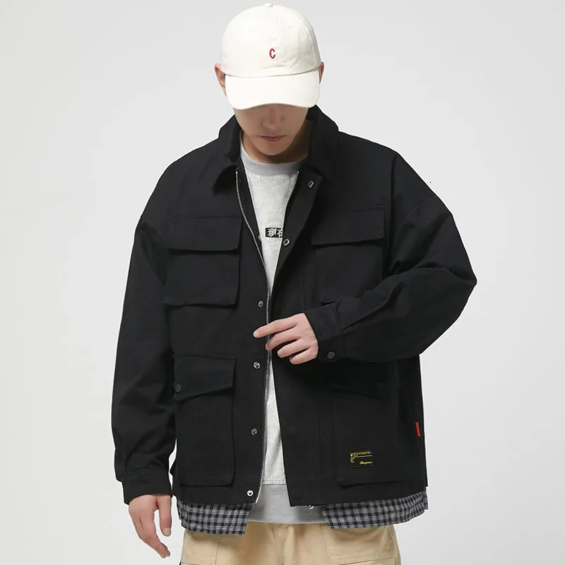 

2019 Autumn And Winter Men's New Casual Solid Color Fake Two-piece Pocket Decorative Zipper Jacket Loose Temperament Cotton