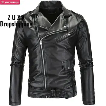 

New Casual Slim Men's Leather Jacket Fashion Men Zipper Solid Color Turn-down Collar Male Motorcycle Jacket Leather Coats