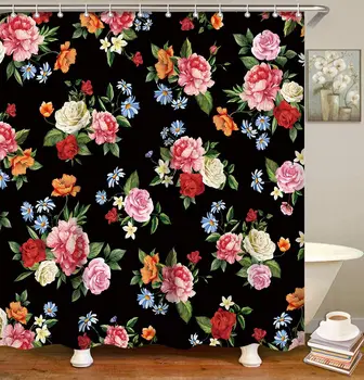 

Stacy Fay Black Shower Curtain with Foral Flower Fabric Bathroom Curtain with HooksColorful Decorative Modern Machine Washable