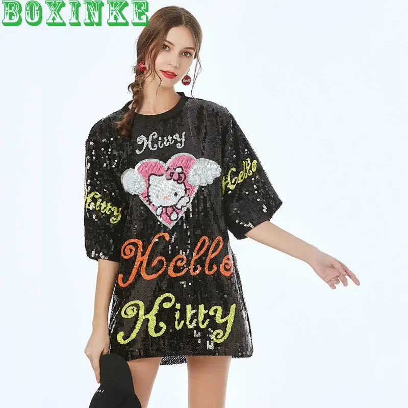 

2020 Tumblr Kpop Polyester Woven New For Hello Kitty For Cat Sequin Embroidered Loose Top Bead Medium Long T-shirt For Women