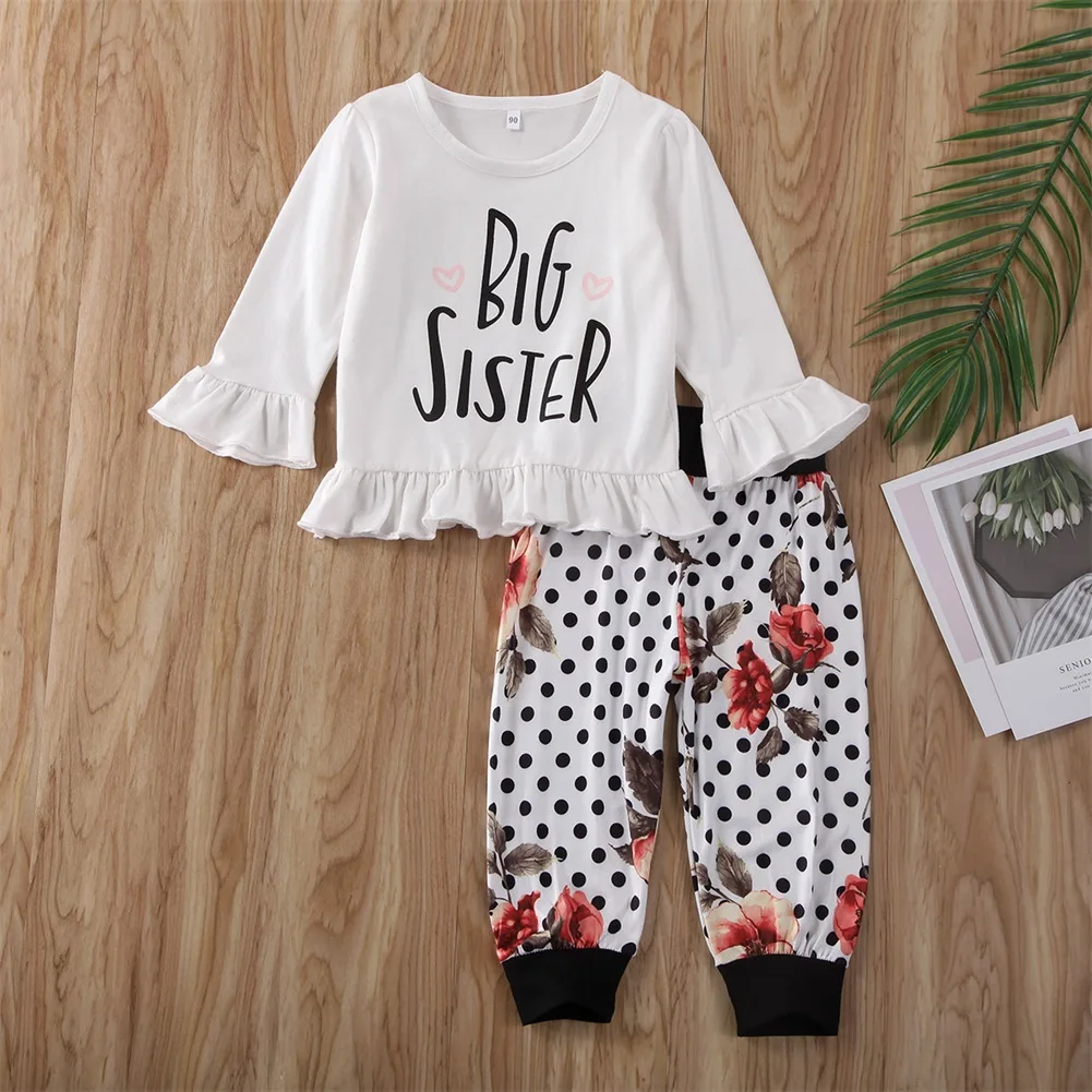 Одинаковая одежда для семьи; спортивный костюм; футболка с надписью «Big Sister»; комбинезон с надписью «Little Sister»+ длинные штаны с цветочным принтом; комплект осенней одежды От 0 до 5 лет
