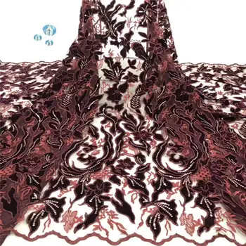 

2019 African Net Lace Fabric, High Quality Elegant velvet Sequins Nigerian Wedding Lace Fabrics 5Yards Sequins French Tulle lace