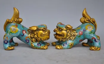 

wedding decoration 6" China bronze Cloisonne Enamel Foo Fu Dog Guardion Door Lion Beast Statue Pair