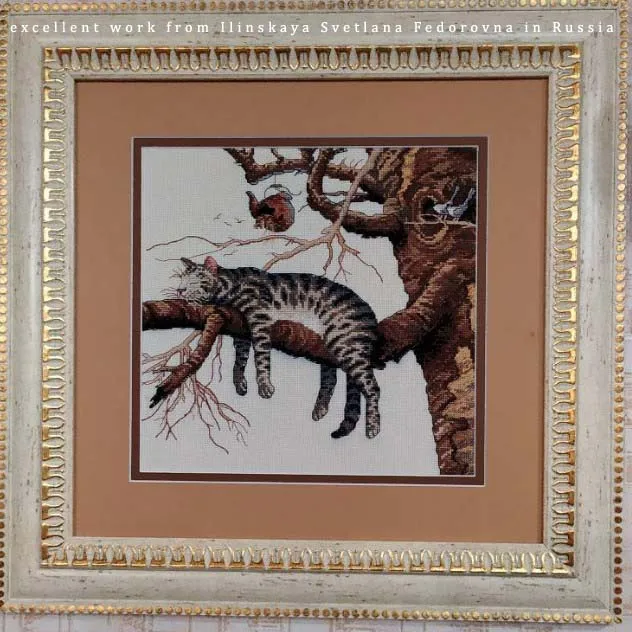 Cross Stitch Kit Too Pooped Cat Kitten Sleep on the Tree Bird Nest dim 35087