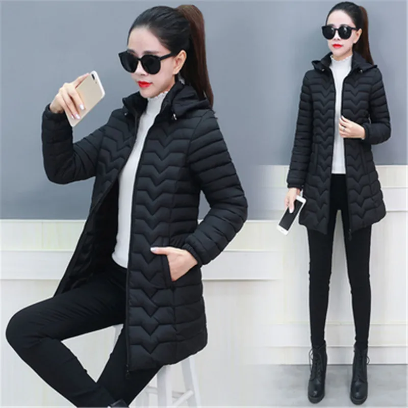 black Женское зимнее теплое пальто с капюшоном, тонкий плюс размер 6XL, яркие цвета, базовые куртки с хлопковой подкладкой, Женская мода средней длины - Цвет: black
